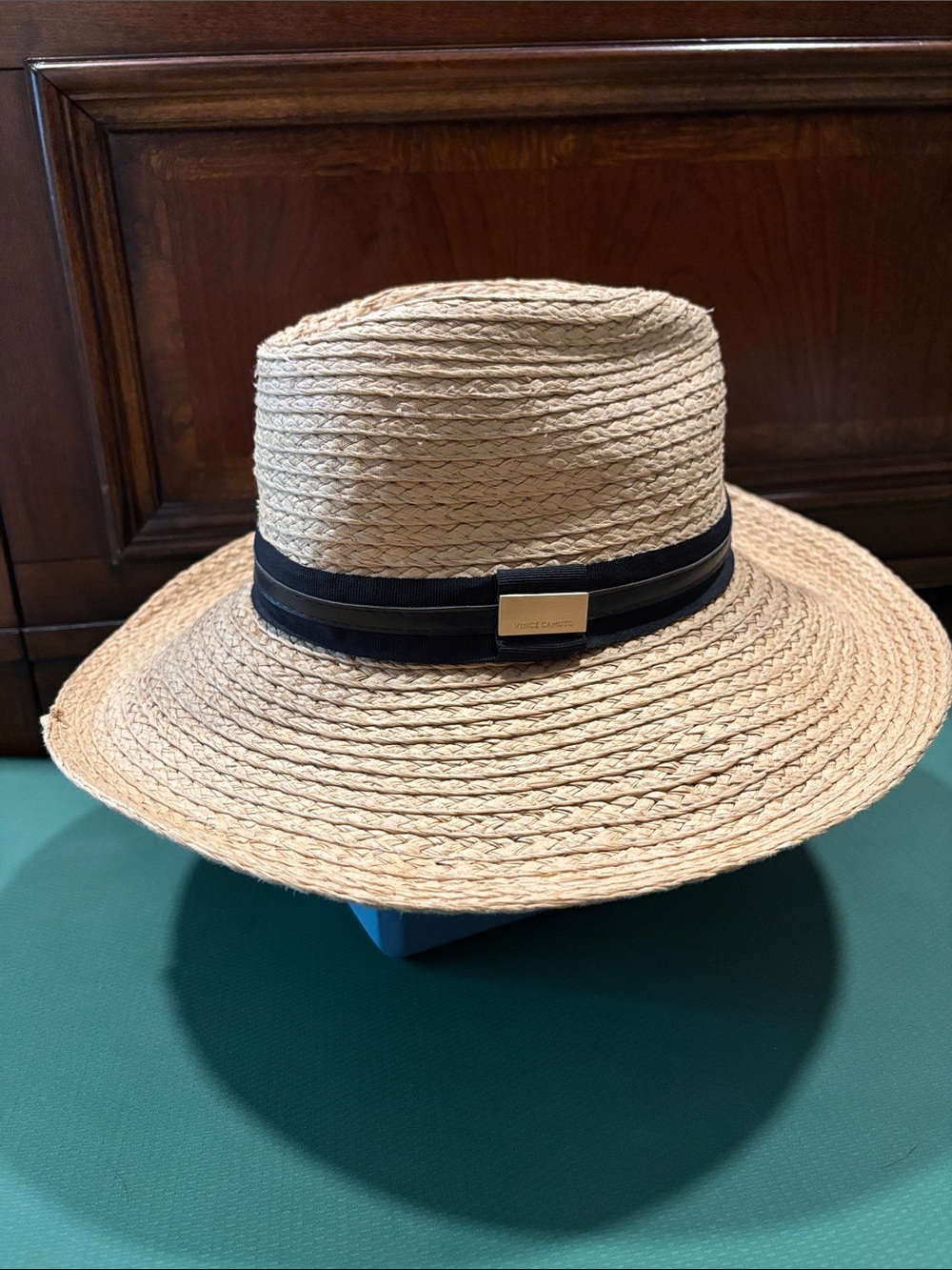 Vince Camuto Natural Straw Fedora with Black Band and Gold Accent